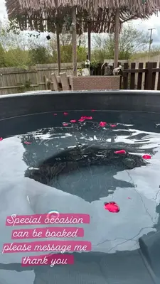 a pool of water with the words special occasion can be looked plastic message me thank at Four seasons with wood fuel hot tub Country retreat in Hereford
