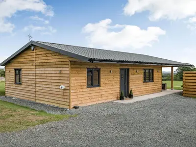 a small wooden cabin with a black roof at Bramley Lodge - Uk38384 in Lyonshall