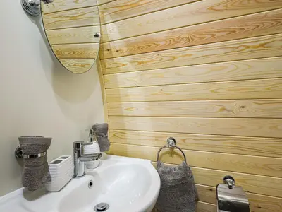 a bathroom with a sink and a wooden wall at Celyn Bach - Uk37083 in Llanwddyn