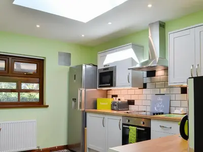 a kitchen with white appliances and green walls at Swn Y Nant in Pontrhydfendigaid