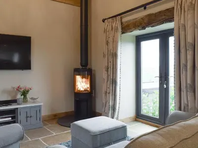 a living room with a wood stove in front of a window at The Shippon in Gwyddelwern