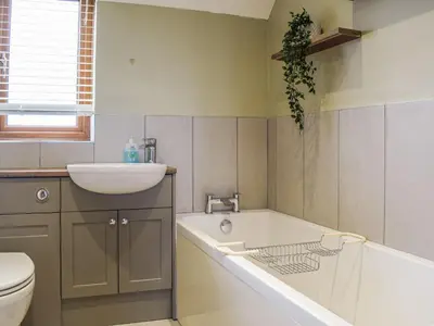 a bathroom with a tub and a sink and a toilet at The Larches in Hopton Cangeford