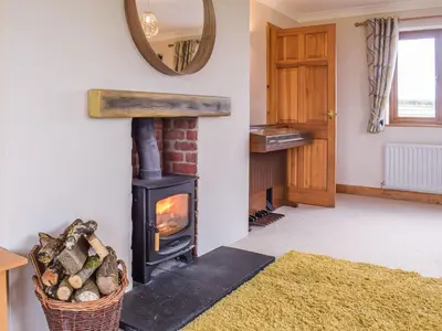 a living room with a wood stove in a room at The Larches in Hopton Cangeford