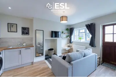 a living room with a couch and a sink at Town Centre Cosy 1 Bedroom Cottage in the Heart of Shrewsbury in Shrewsbury