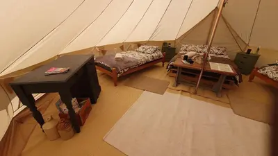an overhead view of a room with a tent at Calon Y Goedwig Glamping in Llandovery