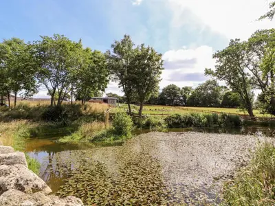 a pond in a park with trees and a field at The Moorhen Retreat in Oswestry