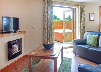 a living room with a couch and a fireplace at Heart Of Wales Lodges in Penybont
