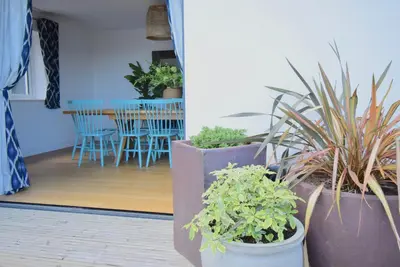 a group of plants in pots in a room at Ty Ni in New Quay