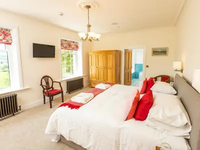 a bedroom with a large white bed with red pillows at Old Rectory House in Newtown