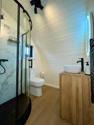 a bathroom with a shower and a sink and a toilet at EASTRIDGE GLAMPING in Shrewsbury