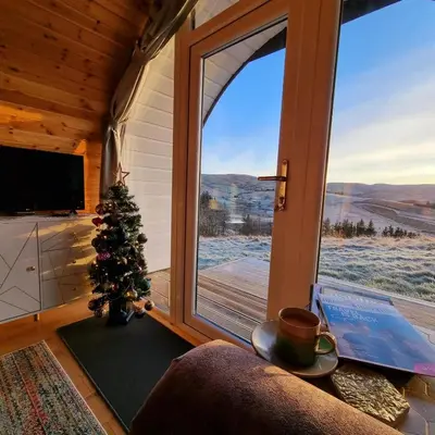 a christmas tree in a room with a window at Forester's Retreat Glamping - Dinas View - Vaccinated dogs over the age of 2 are accepted in Aberystwyth