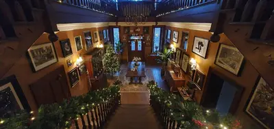 an overhead view of a building with christmas decorations at Cader en suite at Pen Y Coed Hall exclusive Luxury Hot Tub in Dolgellau