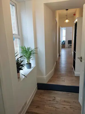 a hallway with two potted plants on a wall at Lovely Seafront 2 bed flat in Aberystwyth in Aberystwyth
