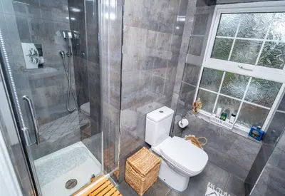 a bathroom with a shower with a toilet and a sink at YR HEN FICERDY in Aberystwyth