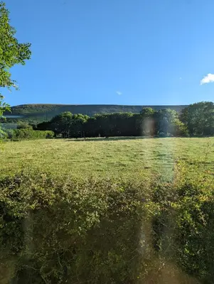 a field of grass with flowers in the foreground at Red darren luxury hut in Llanveynoe
