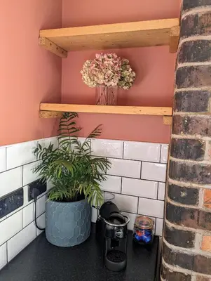 a room with two potted plants on a shelf at The Cob House. in Ifton Heath