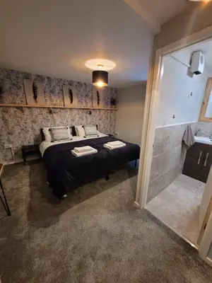 a bedroom with a bed and a walk in shower at Ty Golchi - Cosy traditional cottage in Corris in Corris