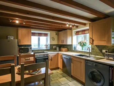 a kitchen with wooden cabinets and a sink and a dishwasher at Heron Cottage in Bishops Castle