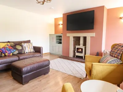 a living room with a couch and a fireplace at Tyn Y Ceubren Bach at Evelyns Retreat in Corwen