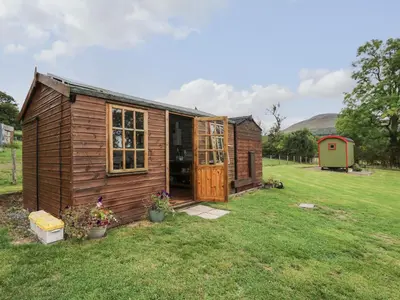 a small wooden shed in a grass field at Sweet Briar Shepherds Hut in Brecon