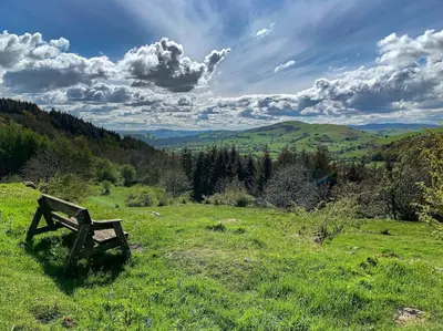 a bench sitting on top of a field of grass at 18th Century Farmhouse, England Wales Border, Breathtaking Views in Oswestry