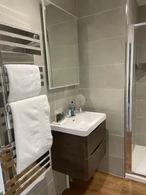 a bathroom with a sink and a mirror and a shower at Marshpools Bed & Breakfast - Licensed near Weobley village in Weobley
