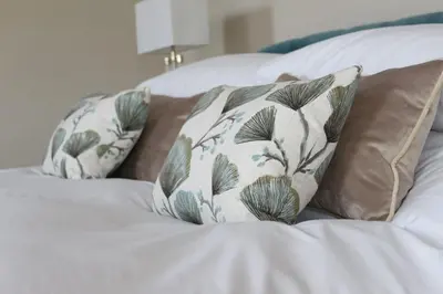 a white bed with two pillows on it at Camlad Barn in Chirbury