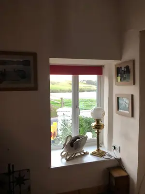 a window with a toyanimal sitting on a window sill at Lake view Romantic retreat in Aberystwyth