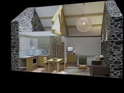 a kitchen and living room with a stone wall at Y Swdio, Ferm Glandwr in Barmouth