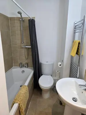 a bathroom with a toilet and a sink at Beautiful Seafront 1 bedroomed apartment in Aberystwyth