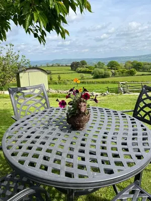 a table with a vase of flowers on it at Wye View Lodge, Hay View Lodges in Hereford