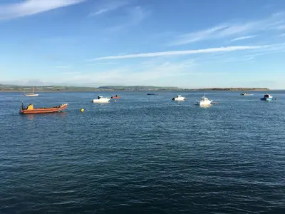 a group of boats in a large body of water at Lovely seafront 2 bedroom Apartment 4 in Aberdyfi