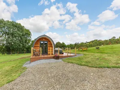 a small wooden cabin in a grassy field at Beech Uk36260 in Llanfair Caereinion