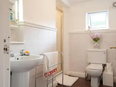 a white bathroom with a sink and a toilet at Fron - Cottage in Mynfford