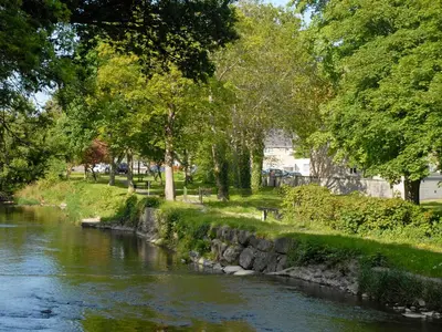 a river with trees on the side of it at Cerniw - Cottage in Aberaeron