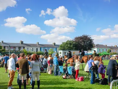 a crowd of people standing in a field with horses at Cerniw - Cottage in Aberaeron