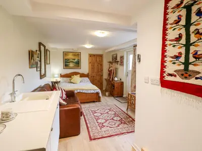 a living room with a bed and a couch and a sink at Westoe Hideaway in Llangollen