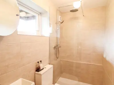 a bathroom with a shower and a toilet and a sink at Westoe Hideaway in Llangollen