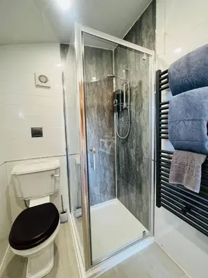 a bathroom with a toilet and a glass shower at Hwyl in Abbey-Cwmhir