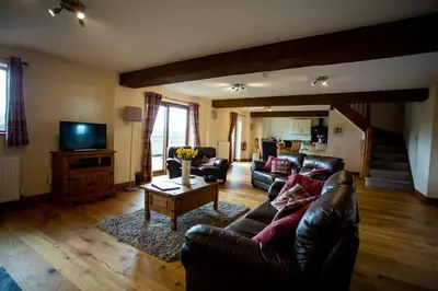 a living room with a leather couch and a tv at Pentre Fawr in Llanddewi Ystradenny