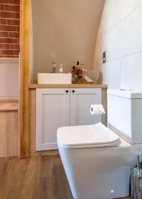 a bathroom with a white toilet and a sink at Mountain View in Llanfair Caereinion