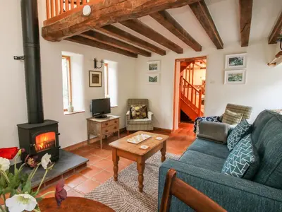 a living room with a couch and a wood stove at Walkmill Barn in Bishops Castle