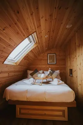 a bedroom with a large bed with a skylight at Daffodil in Rhayader