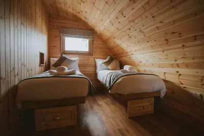 a bedroom with two beds in a log cabin at Daffodil in Rhayader