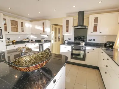 a kitchen with a bowl on a counter at Bryn Berthen in Penrhyndeudreath