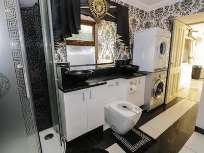 a bathroom with a toilet and a washing machine at Bryn Berthen in Penrhyndeudreath