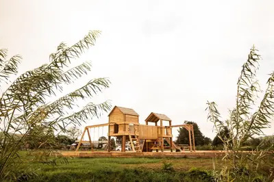 a wooden playground in a field with trees at Tulip in Rhayader