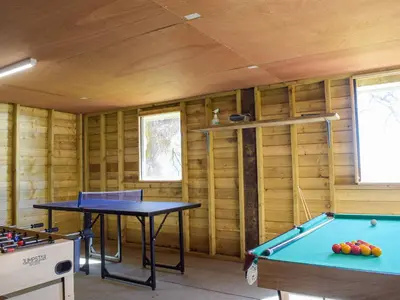 two ping pong tables in a room with wooden walls at Red Kite Lodge - Uk32610 in Old Radnor