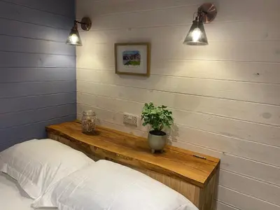 a bedroom with two pillows and a table with a plant at Oakies Farm Stays in Llandovery