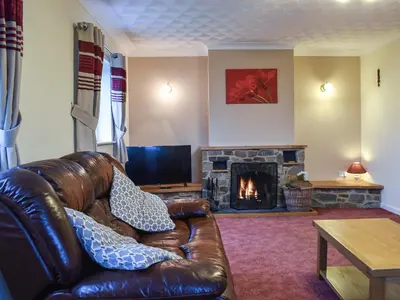 a living room with a leather couch and a fireplace at Gwynfan Bungalow in Llandrindod Wells